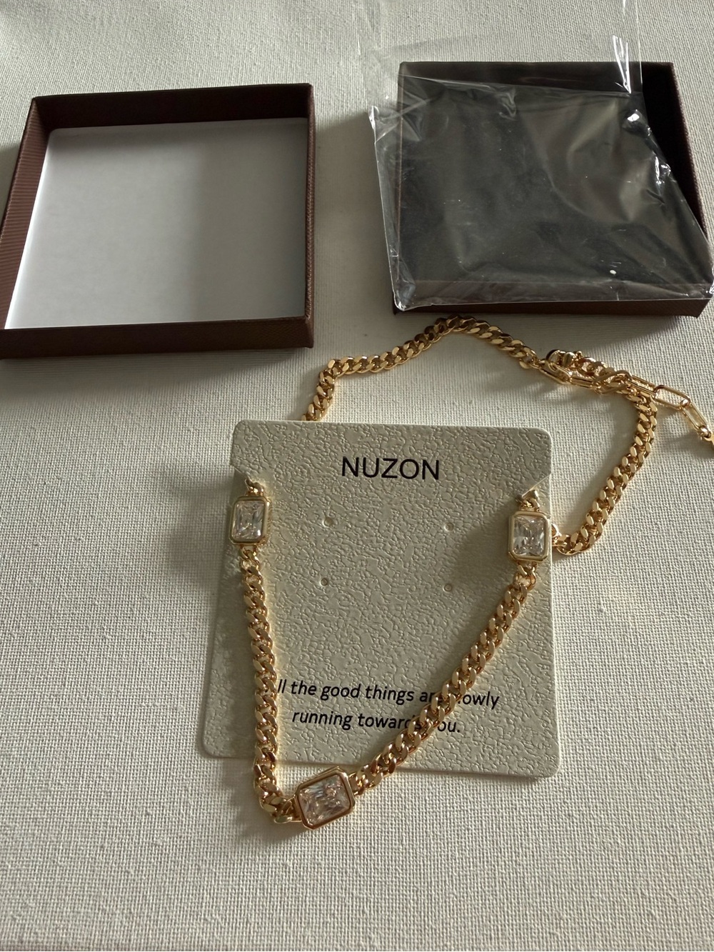 NEW Nuzon Gold Chain Necklace with Crystal Cube Accents